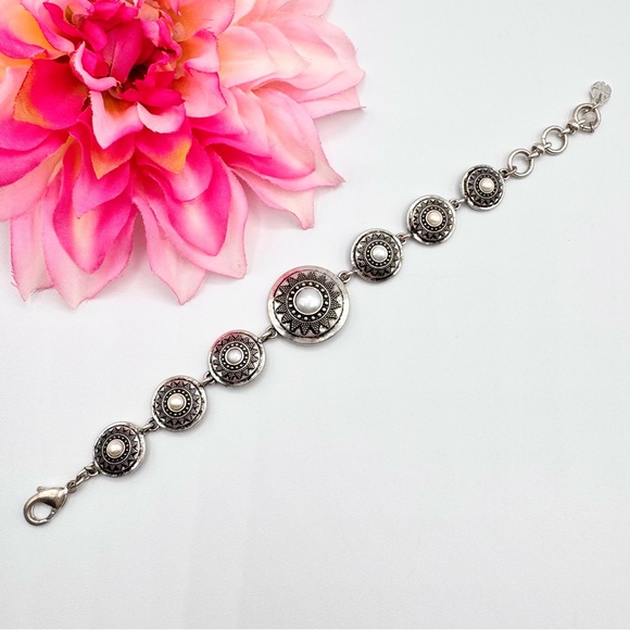 Lucky Brand Aztec Native Tribal Shield Medallion Bracelet Faux Pearl Cabochons - Picture 2 of 8